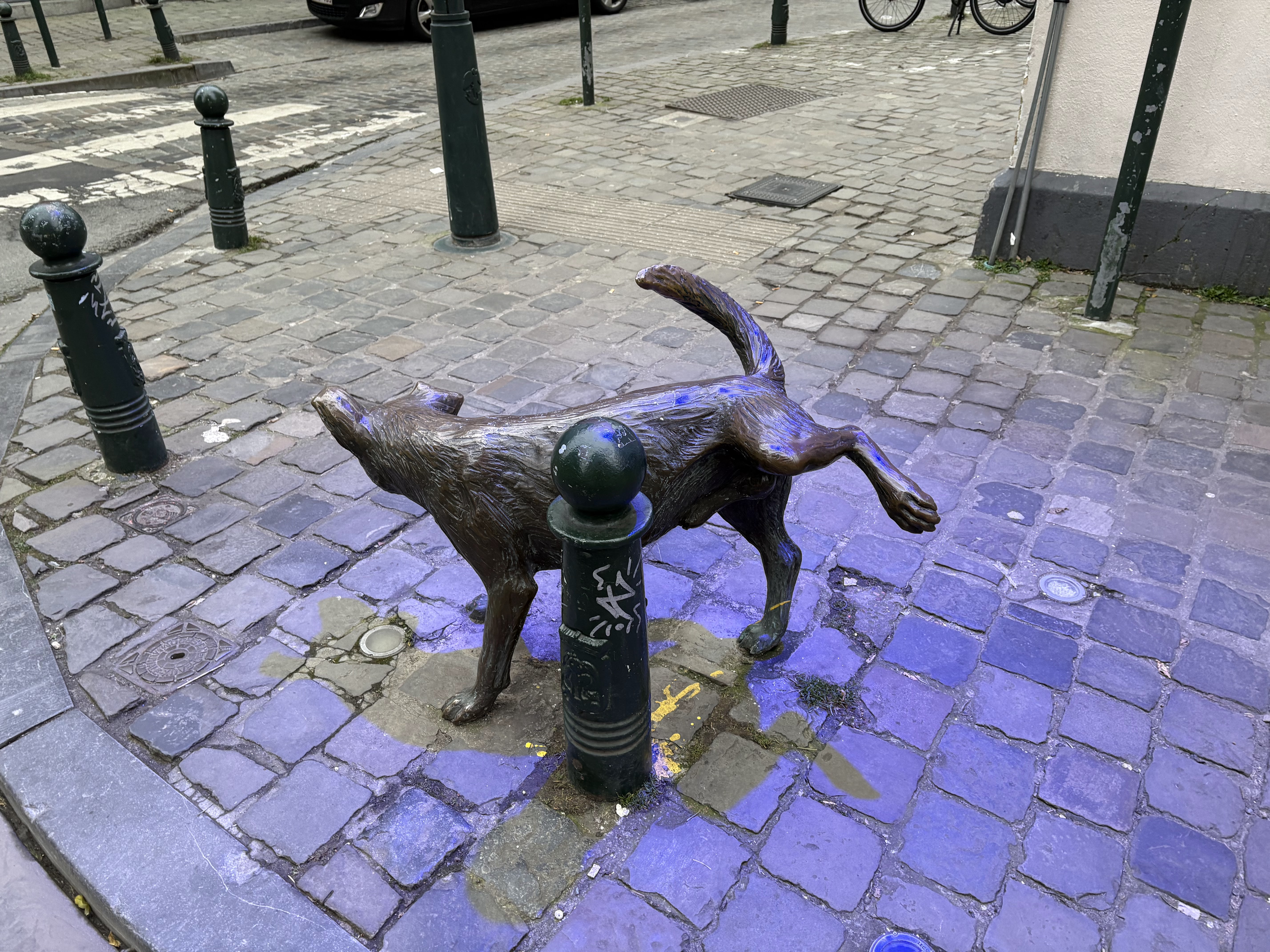 Détails et patine du bronze de la sculpture Zinneke Pis