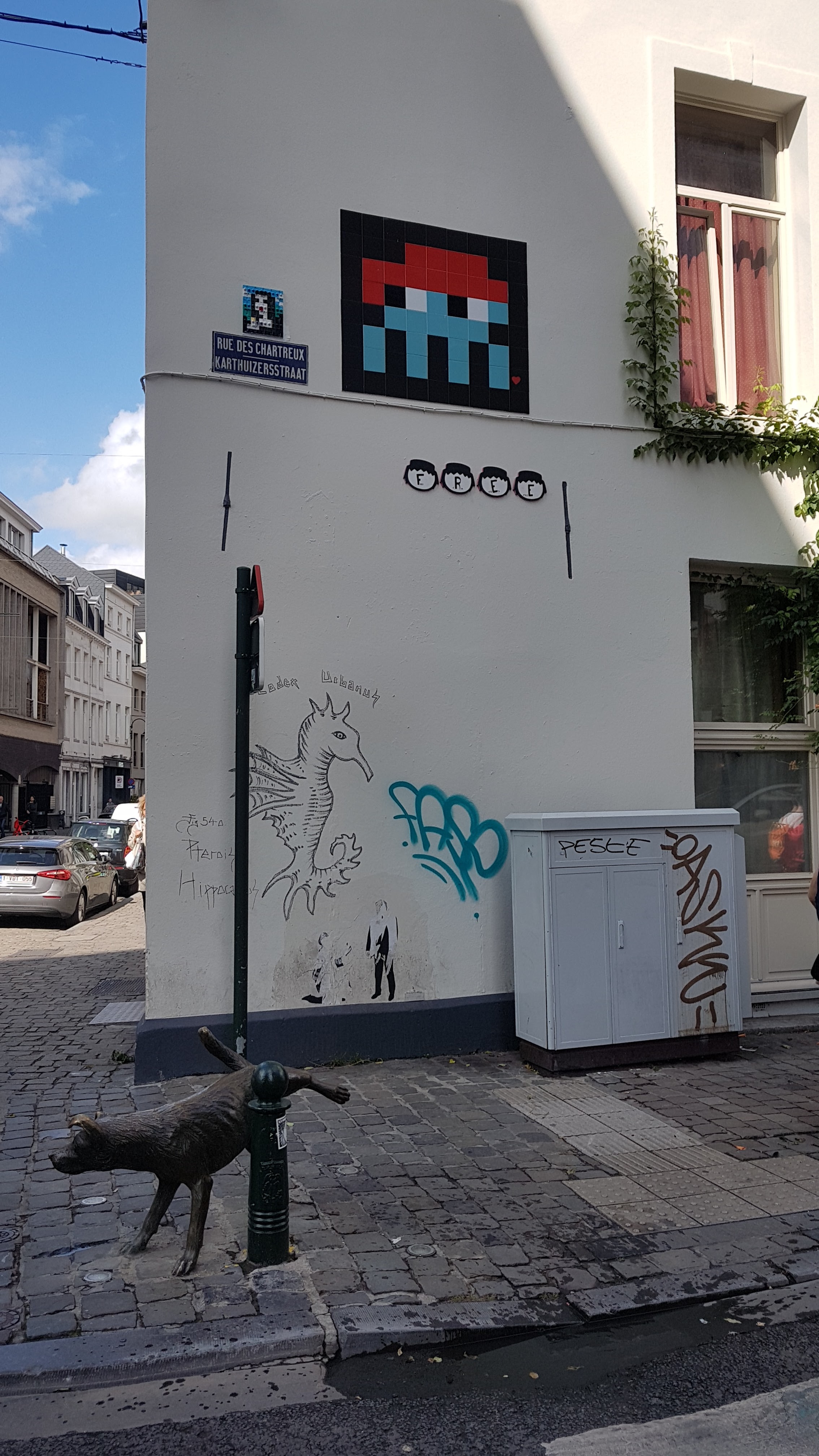 Rue pavée bordant Het Zinneke dans le quartier des Chartreux